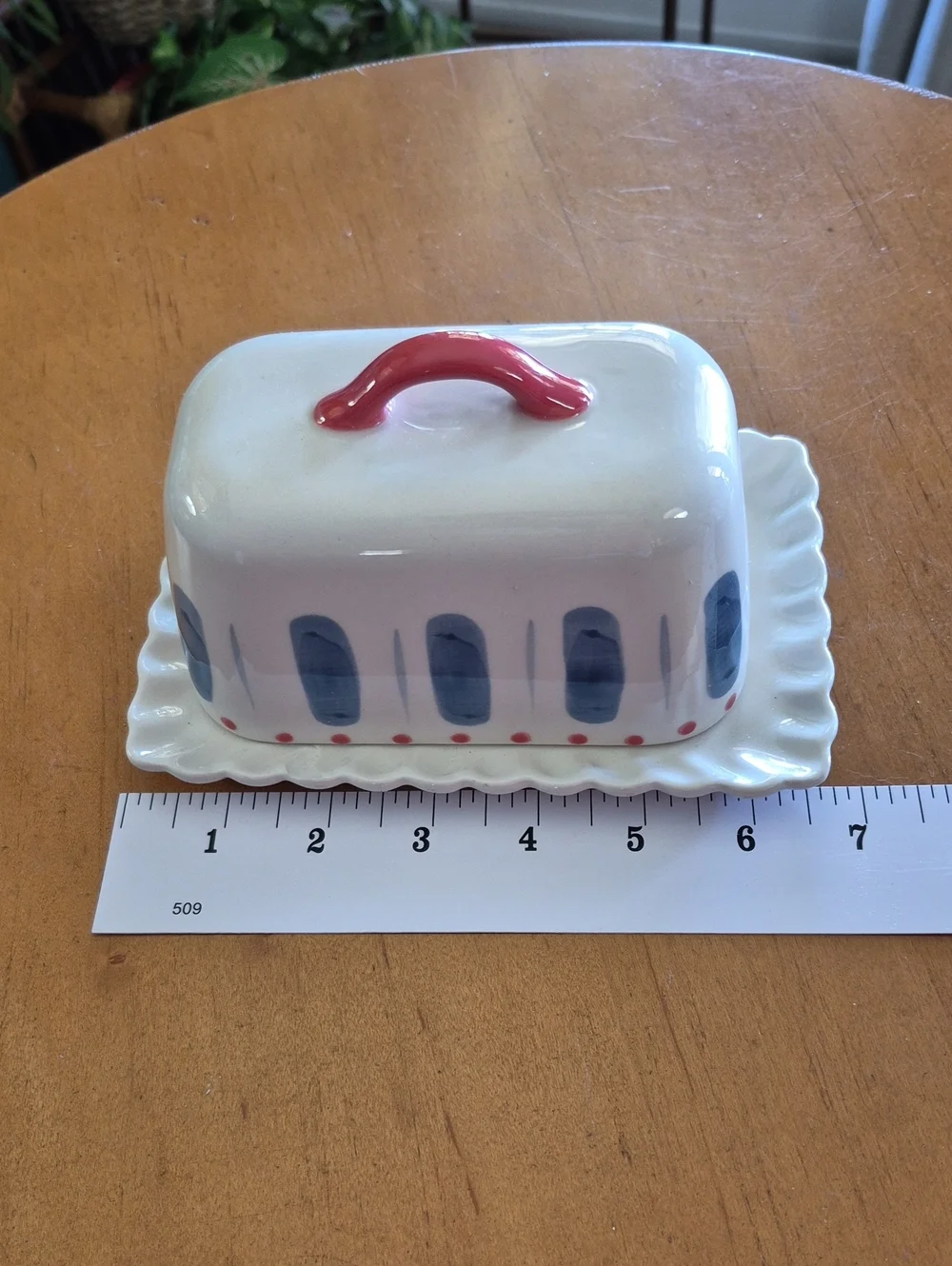 Anthropologie Ceramic Butter Dish with Red Handle and Blue Accent